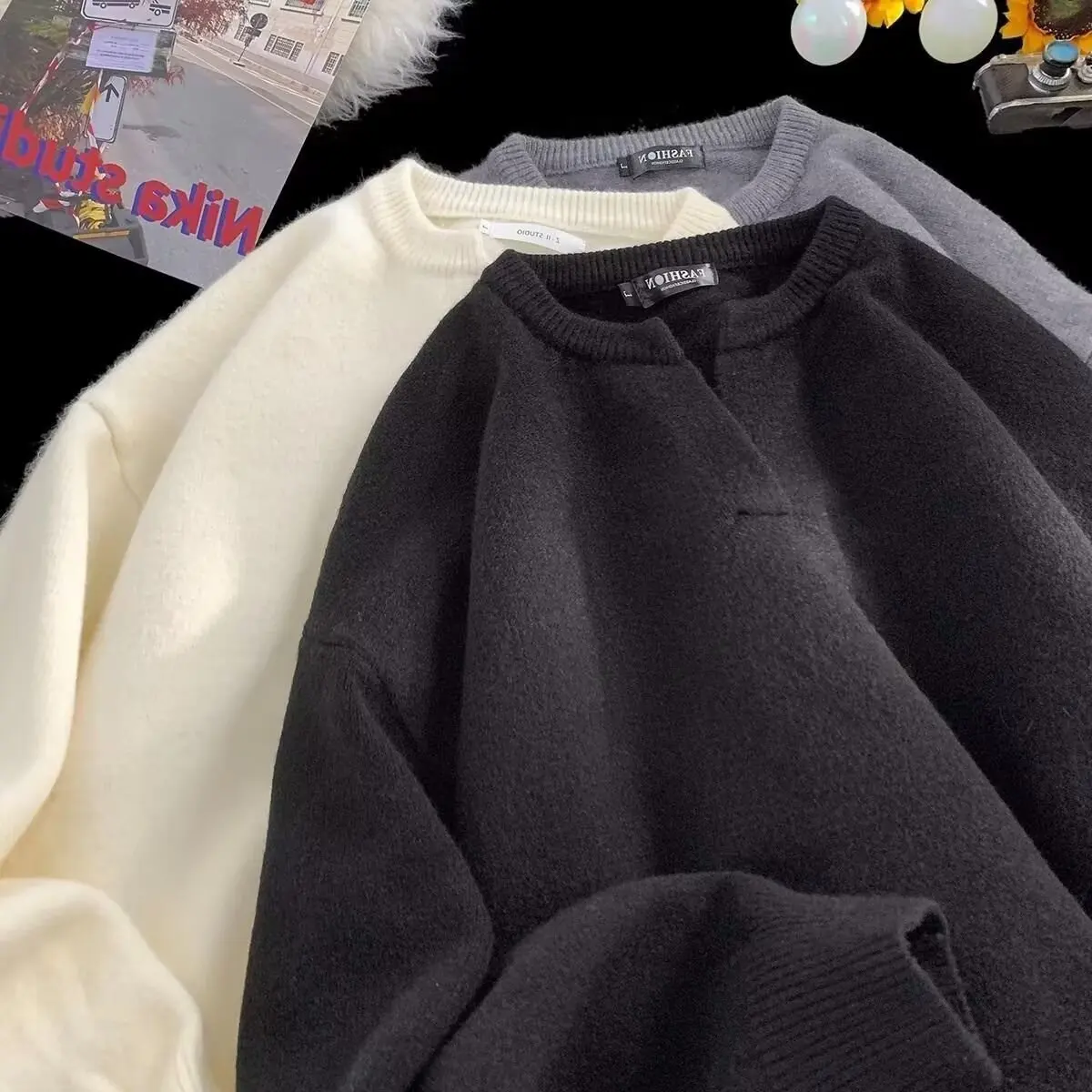 루즈핏 브이넥 니트 베이스 여성 캐주얼 얇은 모델 스웨터 가을 겨울 플러스 사이즈 편안한 상의 폴리에스터 섬유