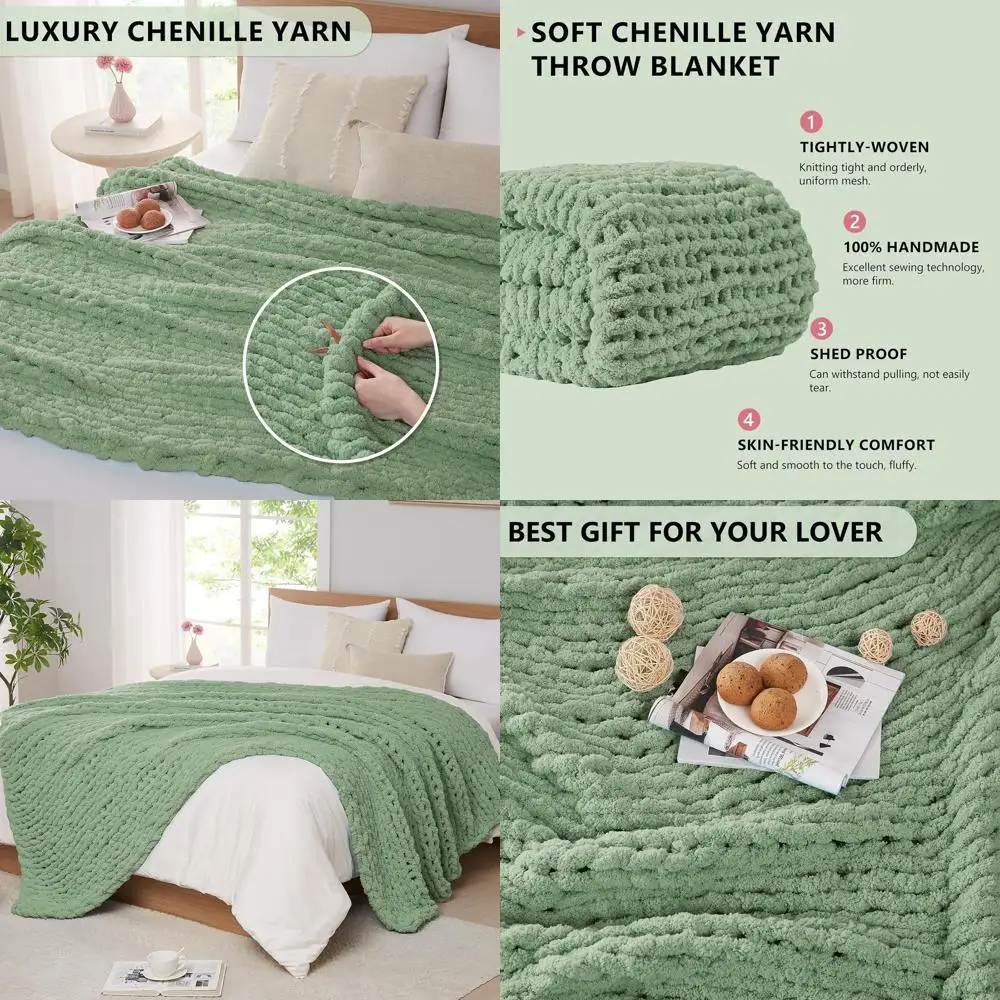 

Cozy 60x80 Cable Knit Throw Blanket - 100% Handcrafted Chenille for Couch, Home Decor (Sage Green)
