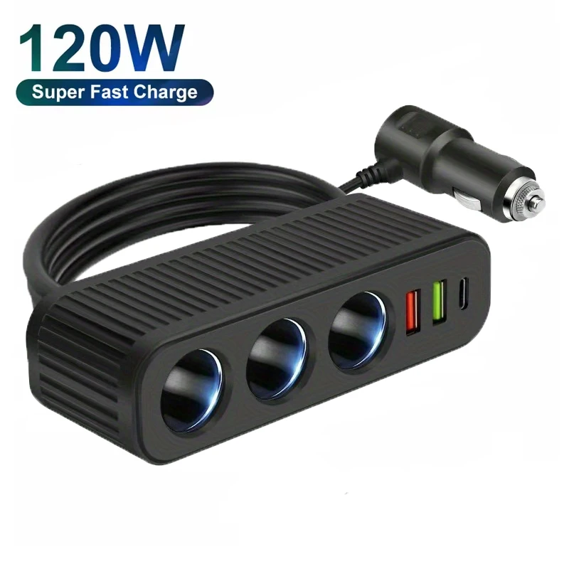 120W USB PD Car Charger 4-in-1 Multifunctional Socket Cigarette Lighter Quick Charge Power Adapter for Car DVR GPS Dashcam Phone