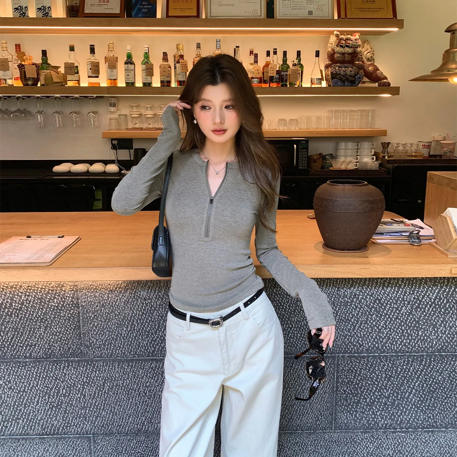 Gray Zipper Slim Fit Base Shirt T-Shirt Women's Autumn New Style Small Capital Inner Wear Top Korean Simple Half Open Collar