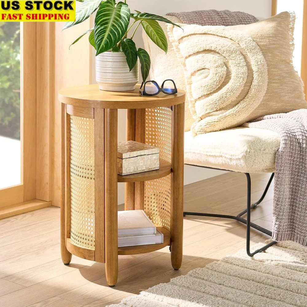 

Приставной столик Springwood Caning, круглая открытая полка для хранения, вставка из ротанга, акценты из цельного дерева для внутреннего использования, функциональный современный дизайн