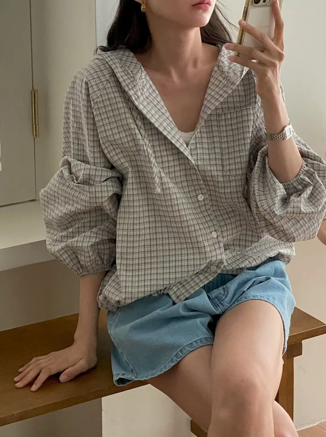 loose-fit-plaid-irt-women's-dstring-hooded-single-button-slimming-sun-protection-top-korean-sle-cotton-long-sve