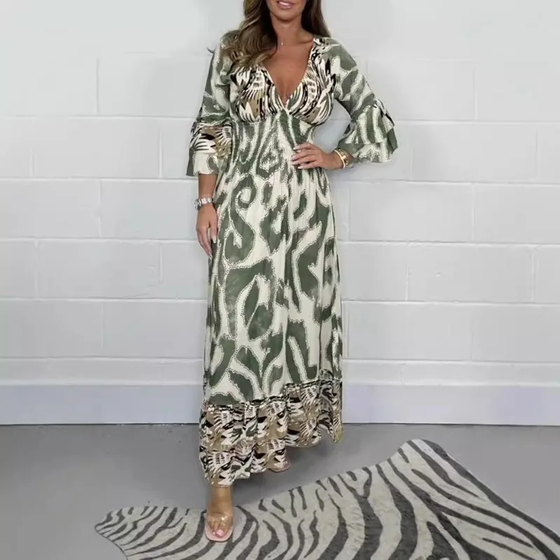 

Осеннее модное этническое платье с V-образным вырезом и принтом 2025 года, женская европейско-американская одежда