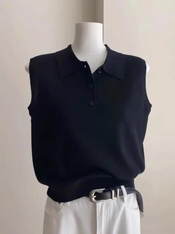 Ay Ice Silk irt Svel Gilet tricoté haut col rabattu été petite taille femme Faion mince col Henry T-s...