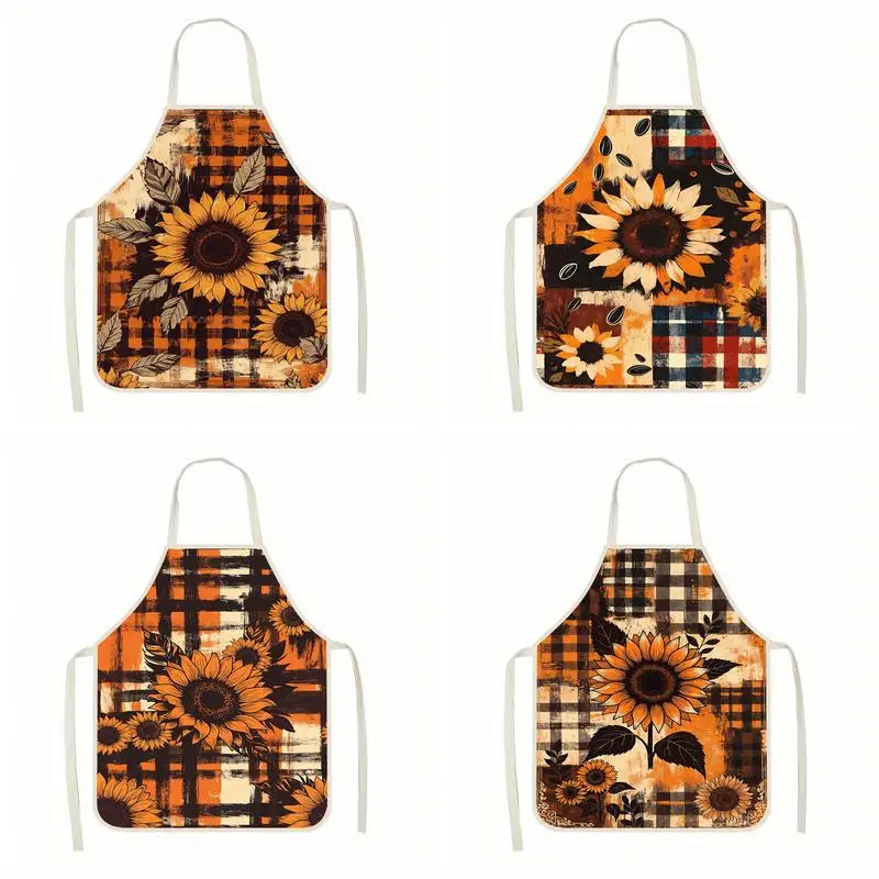 

Льняной фартук с принтом подсолнухов и клетчатым узором, подходит для приготовления пищи, общения родителей и детей, рисования и других занятий.