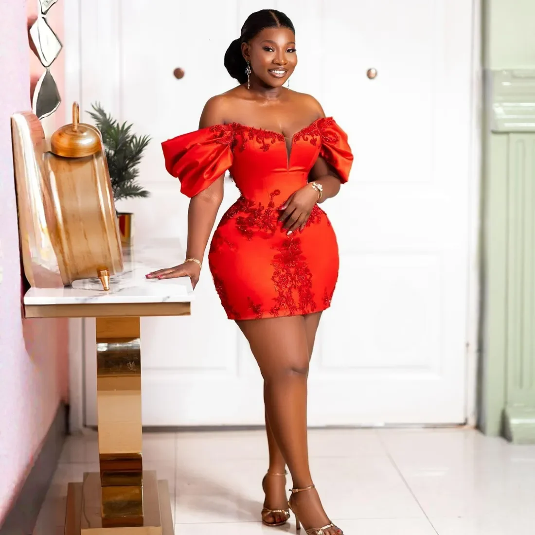 Mermaid Mini Short Cocktail Dress Plus Size Off-the-shoulder floral beaded Lace Club Dinner Ball Birthday Party Evening dress