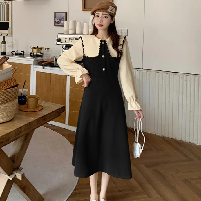 

autumn winter casual loose Long Sleeve Ladies peter pan collar dresses thicken corduroy a-line Dress for Women Mid-calf vestidos