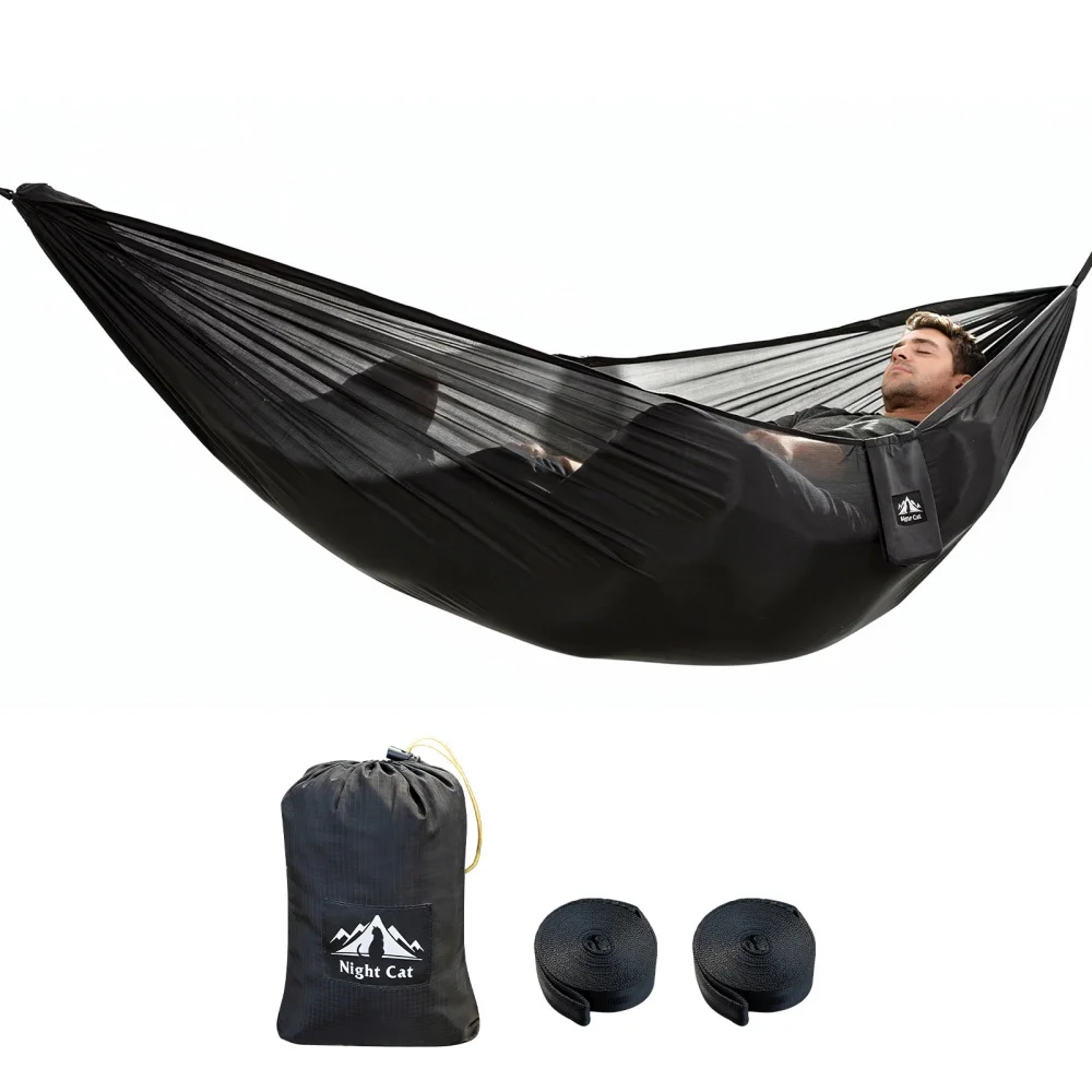 Night Cat Ultralight Pocket Hammock: Durable Tree Hammock Tear-Resistant HMPE Ripstop High Strength Fabric Only 0.66lb Max Load 330lbs Portable for Solo Hiking Backpacking