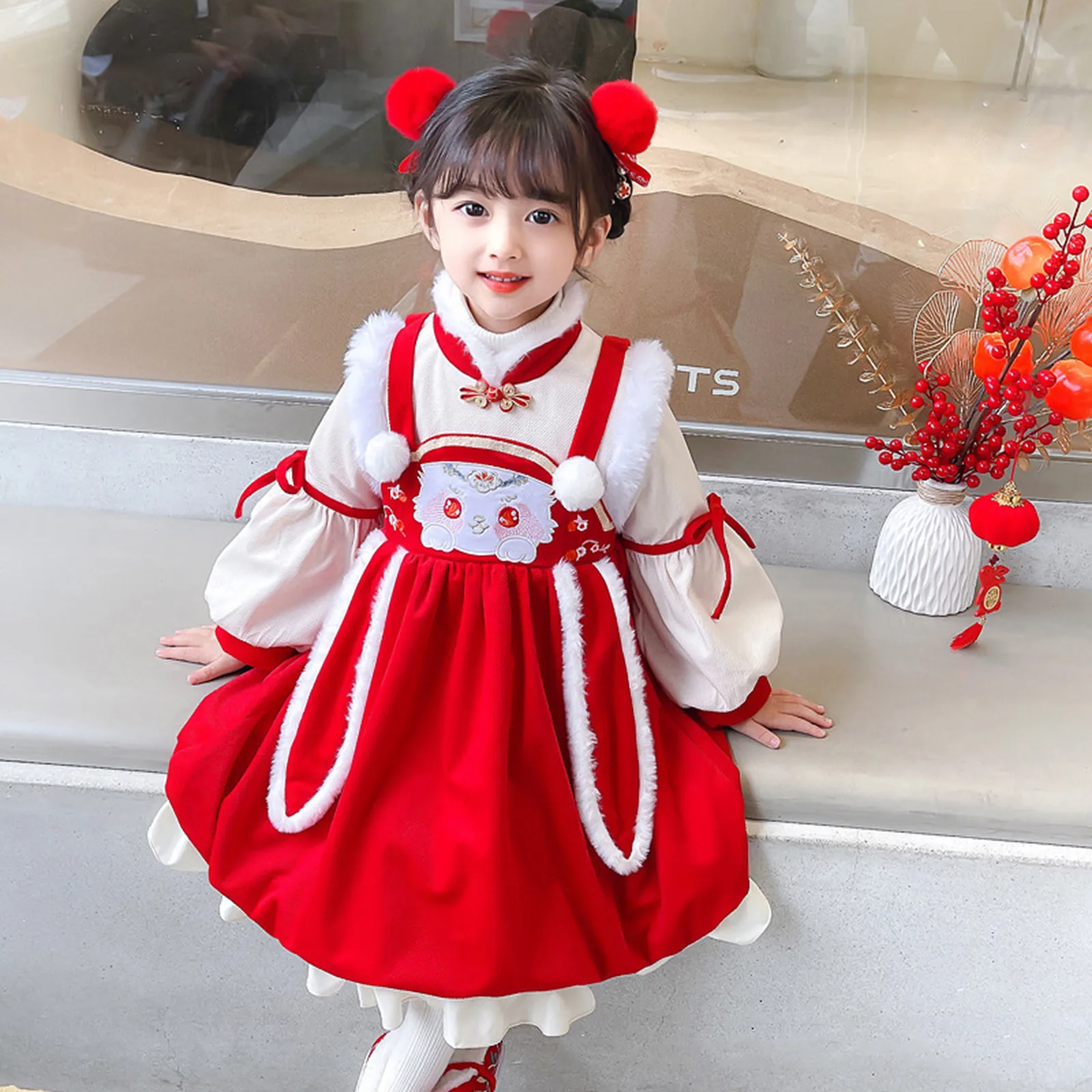 Kids Embroidery Bunny Tang Dress Baby Girls Children Fairy Hanfu Dresses For Chinese New Year Fleece Warm Princess Dress Vestido