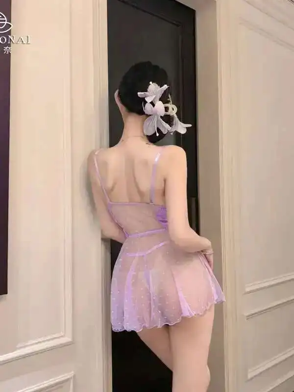 Purple Soft Polka Dot Sheer Mesh Lace Splicing Pure Desire Camisole Sexy For Women Dress Elegant Sweet Mini Dress Korean Top V8L