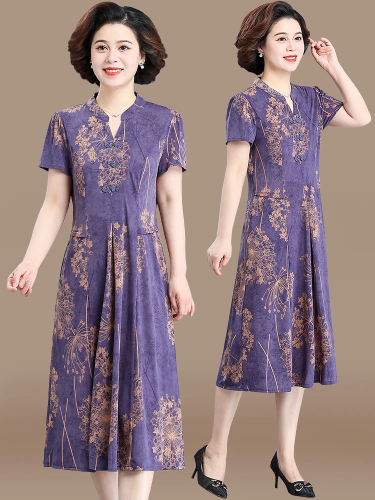 

Новая модная летняя женская миди-платье-ципао с V-образным вырезом в китайском стиле для женщин среднего и старшего возраста