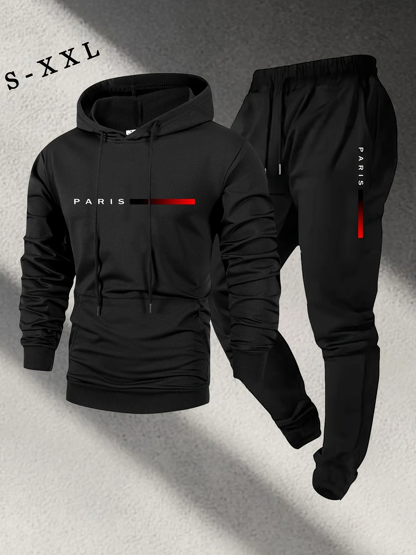 Conjunto de sudadera y pantalones con capucha de otoño para hombre con sudadera con capucha con estampado de letras de París y pantalones con parte inferior abotonada, conjunto de 2 piezas