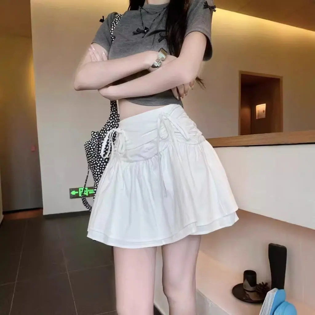 

Women's Bow Pleated Skirt Korean Style High Waist Slimming Imitation Cake Skirt for Spring And Summer Sexy Pure Desire
