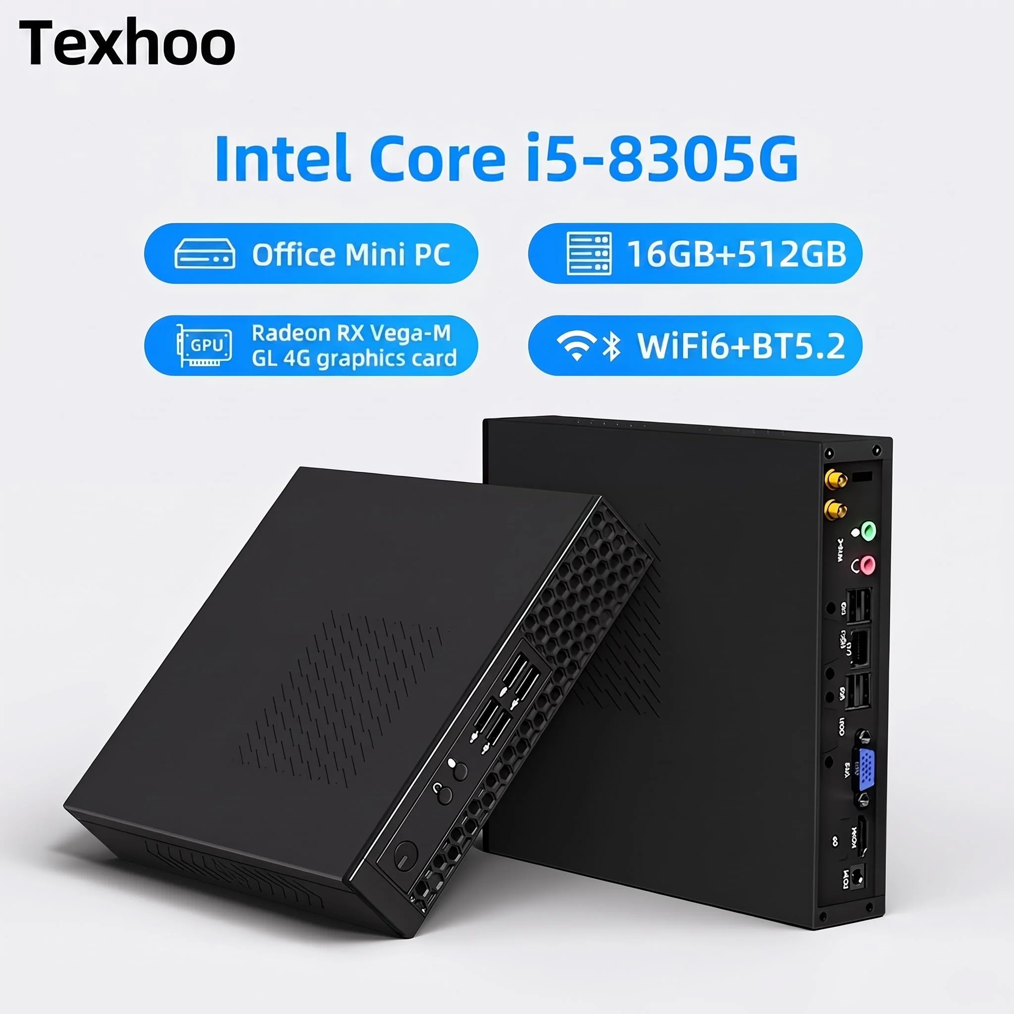 Texhoo MINI PC Intel Core i5‑8305G AMD GPU Radeon RX Vega M GL 4GB HBM2 16G DDR4 2666Mhz 512G SSD Desktop Mini Computers WIFI6