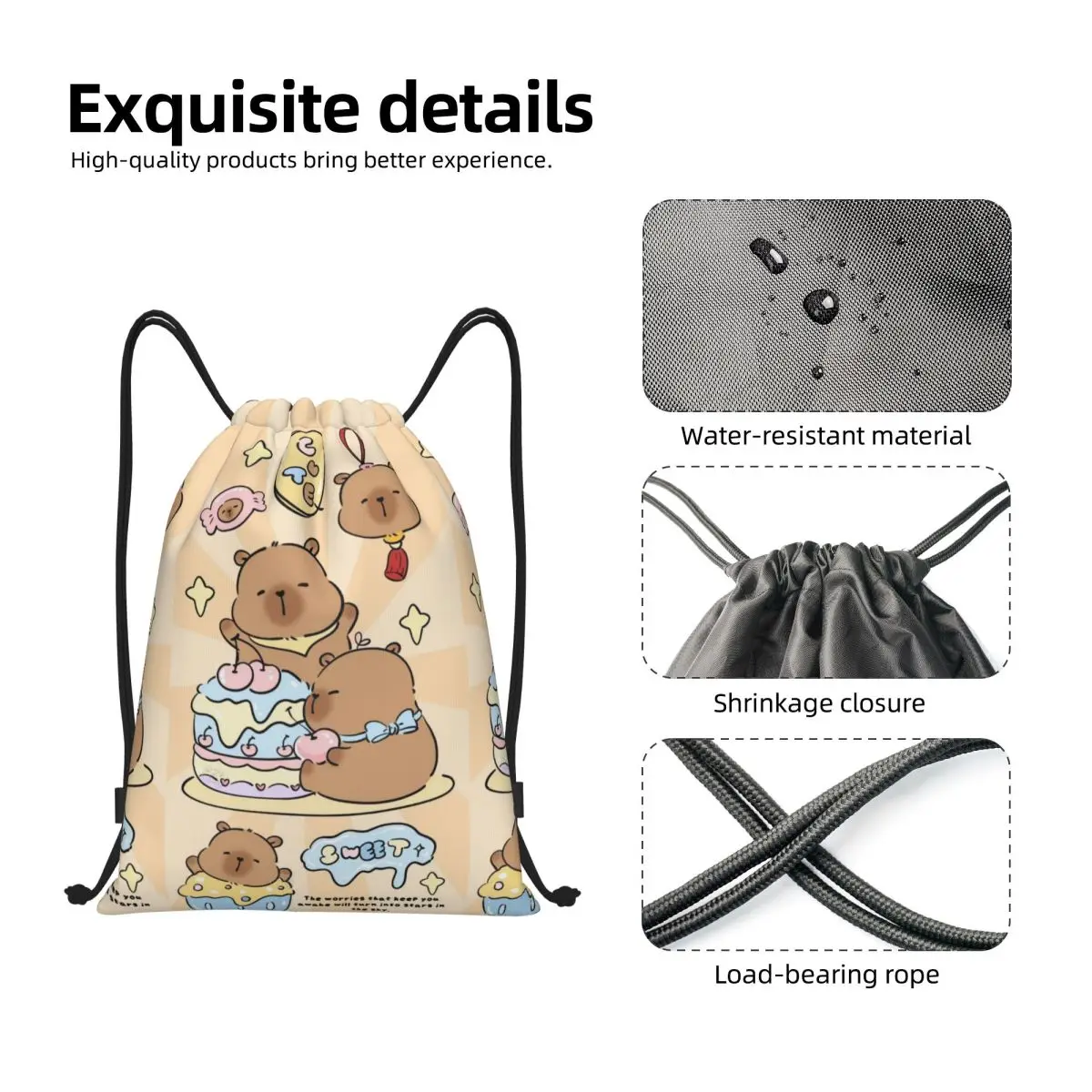 Custom Cute Capybara Sweet Drawstring Backpack Women Men Sport Gym Sackpack Foldable Training Bag Sack