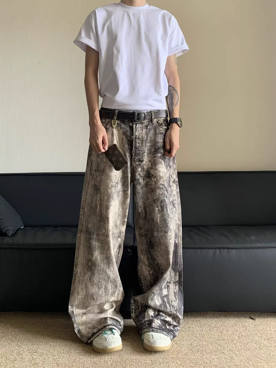 Calças Jeans Masculinas de Cintura Baixa com Estampa Digital Camuflada 3D, Estilo Americano, Marca Tendência