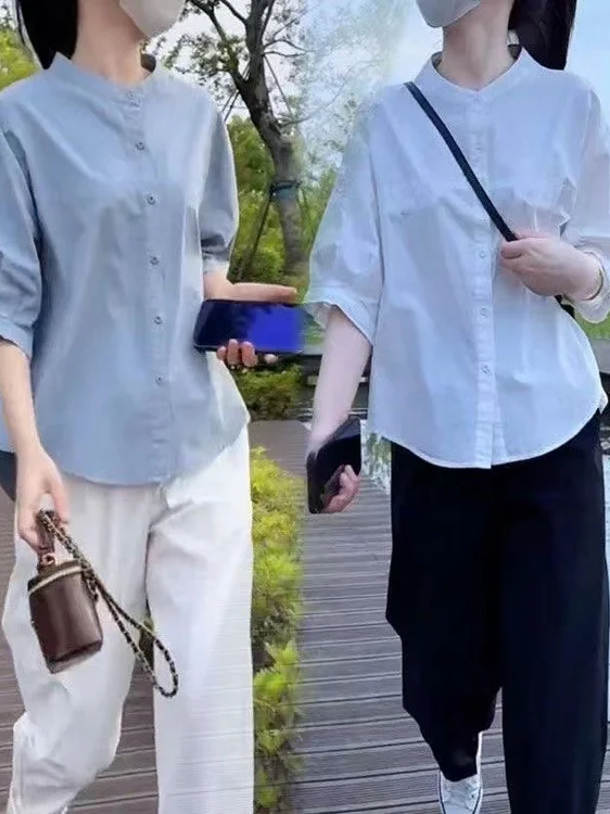 

Slim Fit round Neck Half Sleeve Pure Color Shirt Women's Casual Style Loose Shirt Summer New Style Belly Covering Thin Shirt