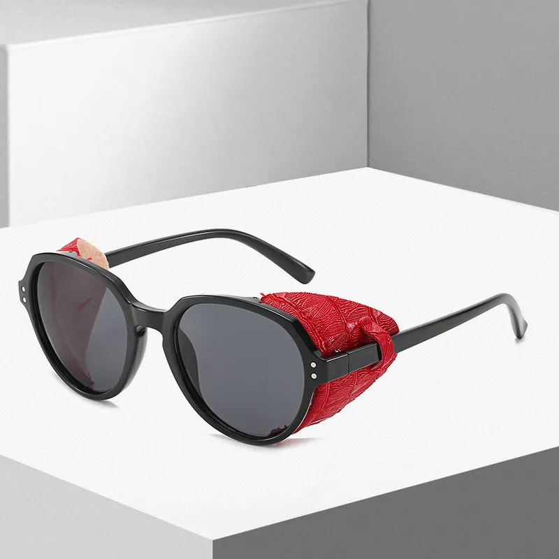 Vintage Steampunk Leather Rivet Round Sunglasses Unisex UV400 Cycling Outdoor Eyewear