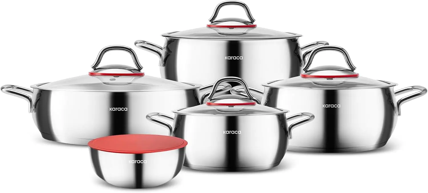 Karaca Stainless Steel Cookware Emirgan Xl Set Of 10 Piece, Pot, Deep Pot, Casserole, Container With Lid, Easy To Use Stylish