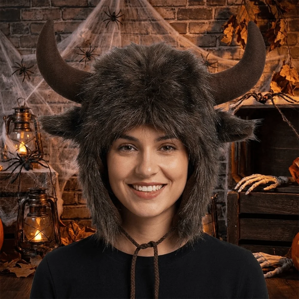 Fashion Solid Color Ox Horn Hat Thickened Fur Trim Lei Feng Cap Fluffy Warm Demon Ear Protection Hat Women