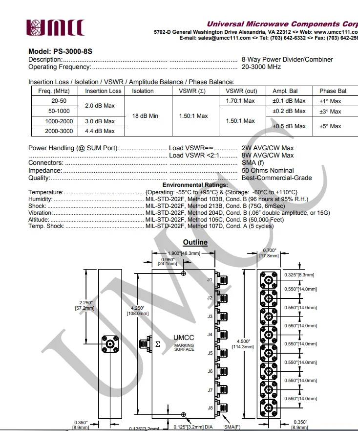 UMCC PS-3000-8S 20-3000MHz SMA  20 SMA eight rf coaxial power divider