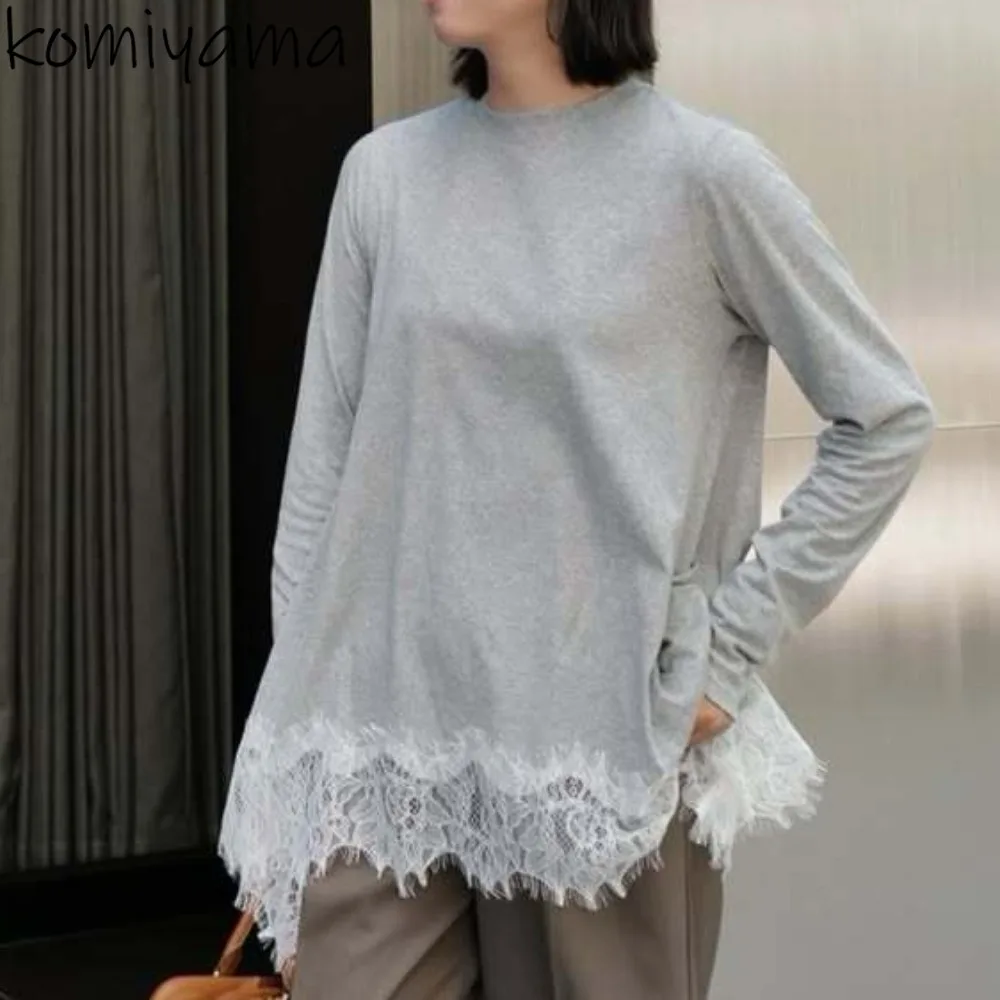 

Хит-цвет, топы с длинными рукавами и круглым вырезом, кружевные топы, Ropa Mujer Roupas Feminina, японская женская одежда, осенние новые майки с низом