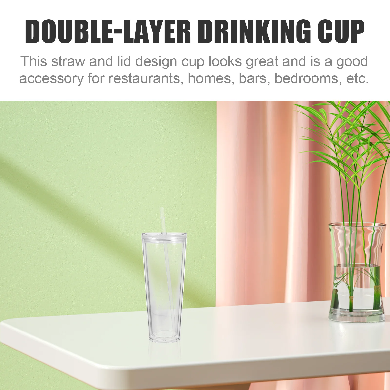 

Double-Layer Drinking Cup Reusable Plastic Juice Cup Straw Lid Anti-Scald Water Bottle Home Restaurant Bar Kitchen Party