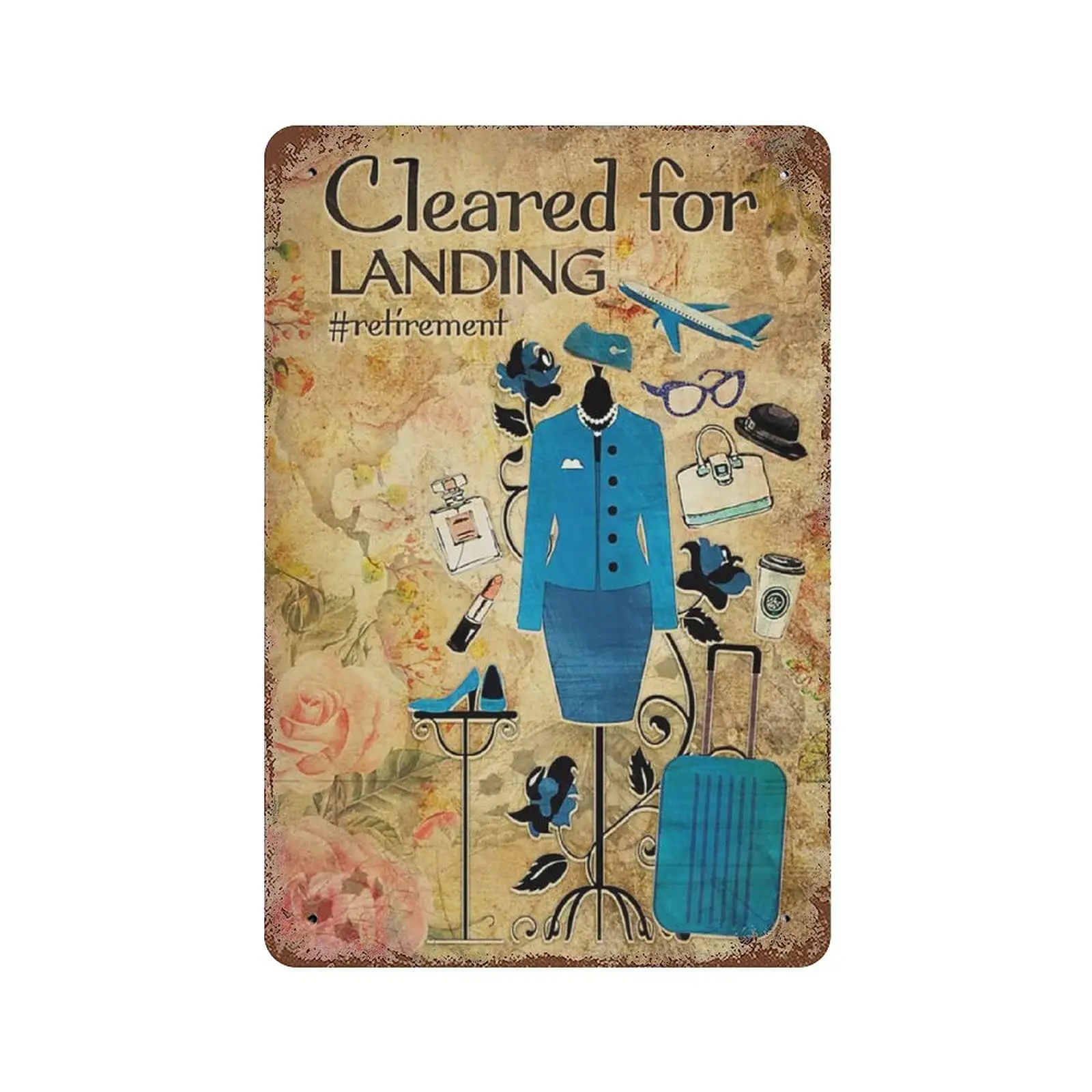 Vintage Metal Tin Sign Plaque,Cleared for Landing Retirement Flight Attendants Tin Sign,Man cave Pub Club Cafe Home Decor P sign