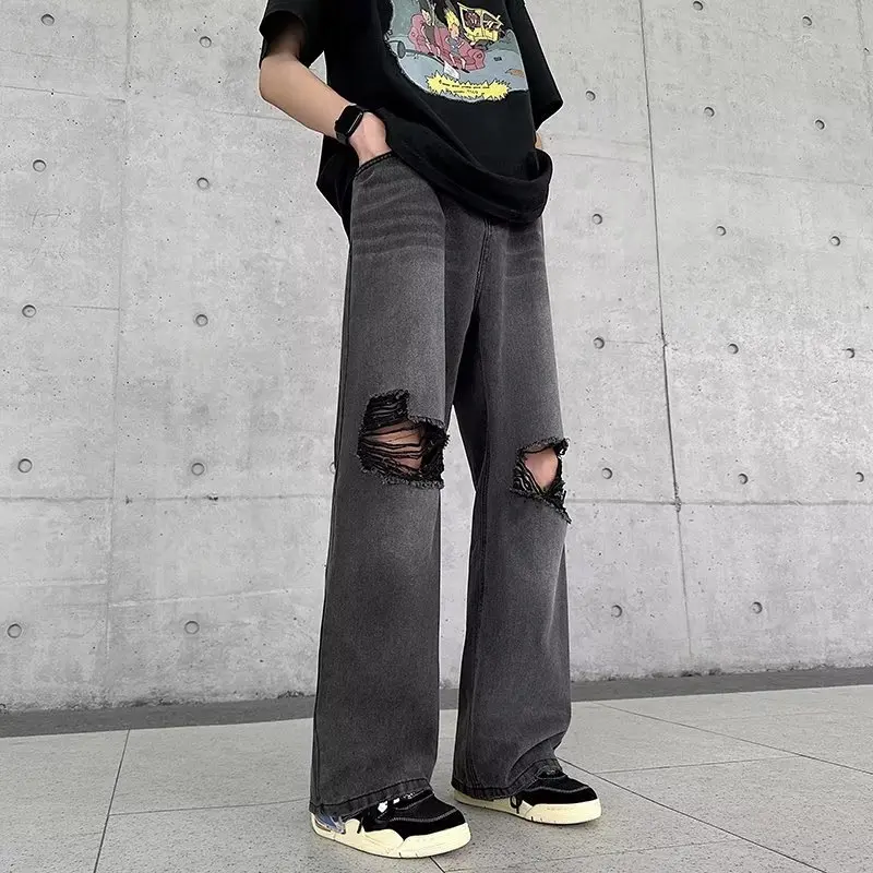 

Dark grey jeans straight hole of tall waist trousers loose wide-legged pants American retro leisure trousers y2k jeans