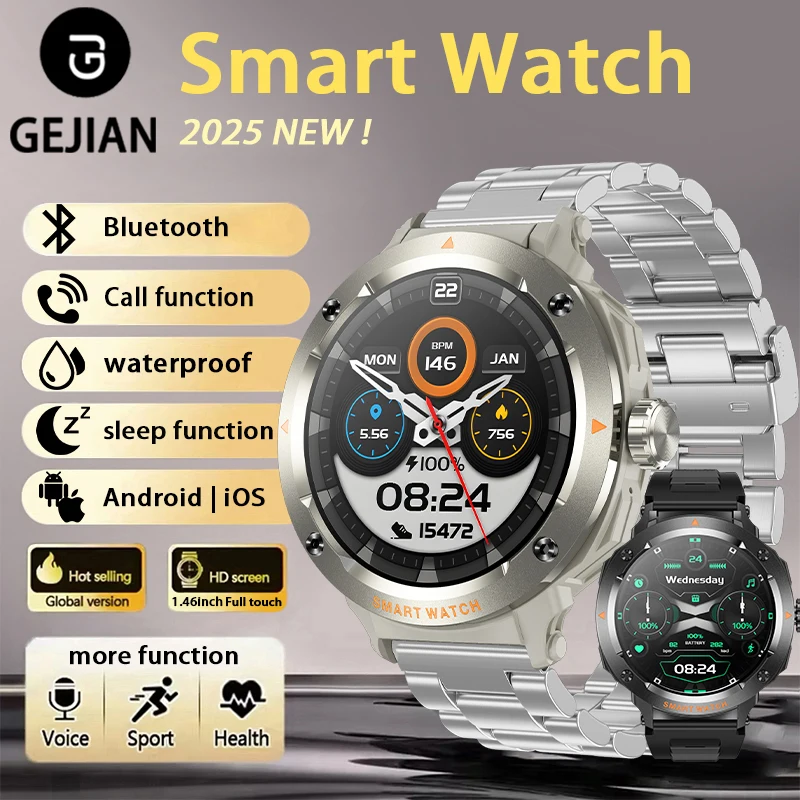 

GEJIAN новые мужские часы с подключением Bluetooth 5,3, подсчет шагов, функция калорий, мониторинг сердечного ритма, сна, умные мужские часы