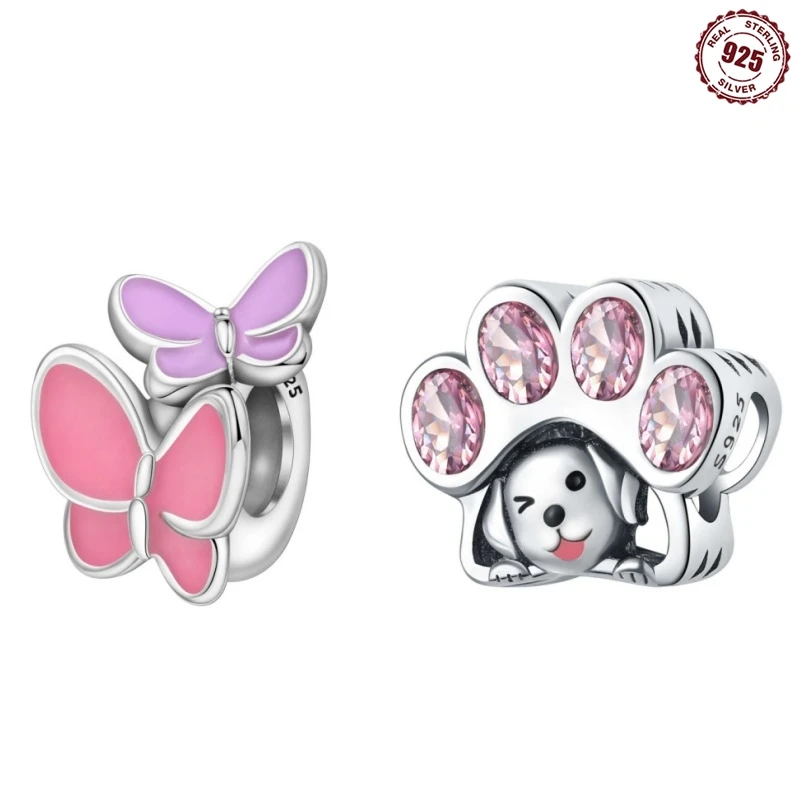 S925 Sterling Silver Pink Beads Butterfly Cute pet Paw print Charm Pendant Fit Original Bracelet Bangle Women Diy Fine Jewelry