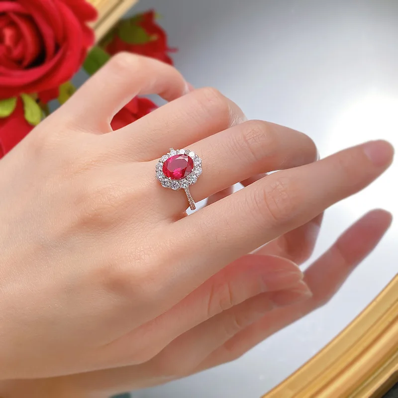 s925 Sterling Silver European American Style Classic Sythentic Pigeon Blood Red Ruby 7x9mm Wedding Ring