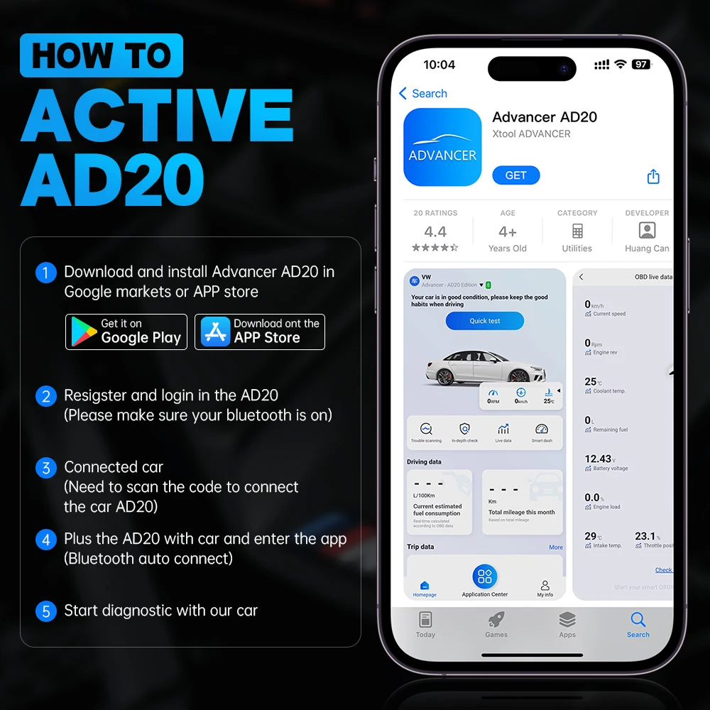 XTOOL AD20 Bluetooth OBD2 Scanner For Engine System Diagnostic Code Reader HUD Display Perfromance Test Lifetime Free Update