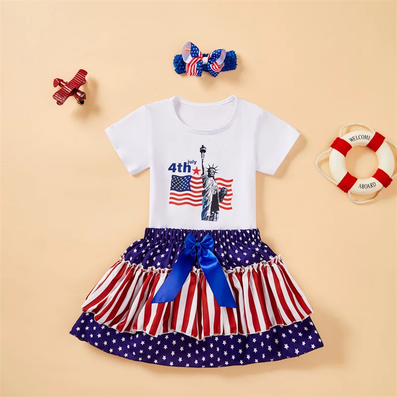 New Girls\' Festival Set Skirt 3 PCS Independence Day Festival Dress With Accessories Children\'s Clothing Set