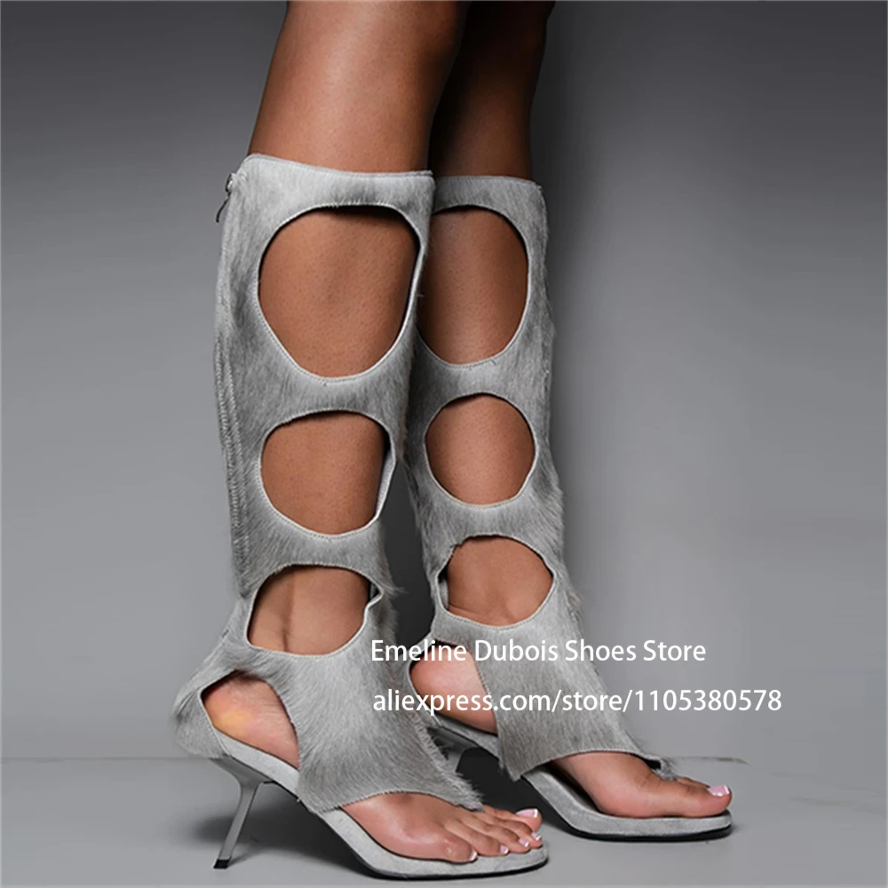 Knee High Thong Boots Sandals Cutout Real Horsehair Stilettos High Heels Luxury Party Women Summer Shoes Plus Size Custom Color