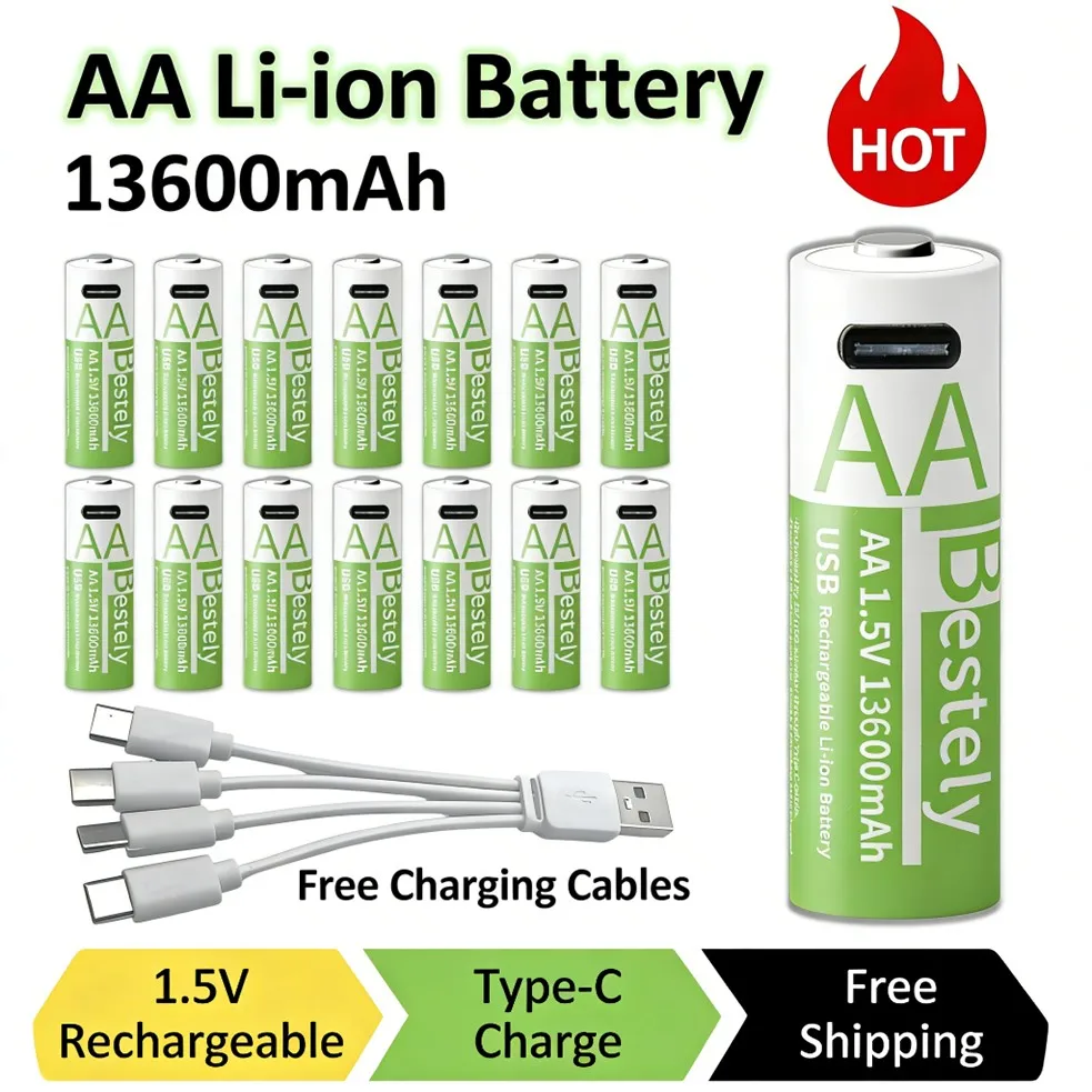 AA Rechargeable Battery 13600mAh Type-C Charge AA Li-ion Battery with Charging Cable Long Life for Home&Office Electric Device