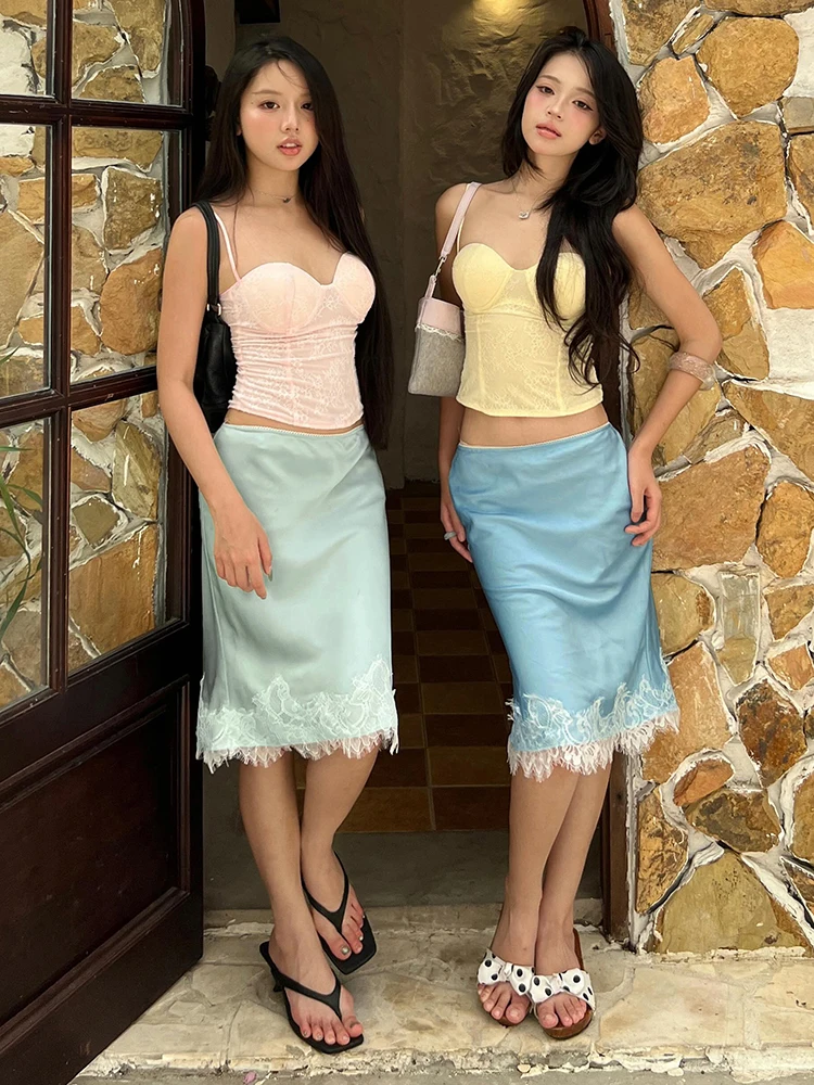 

Kliou Lace Patchwork 2 Piece Set Woman Summer Trend Low-Neck Backless Camisole Tops+Elastic Waist Long Skirts Sweet Style Suits