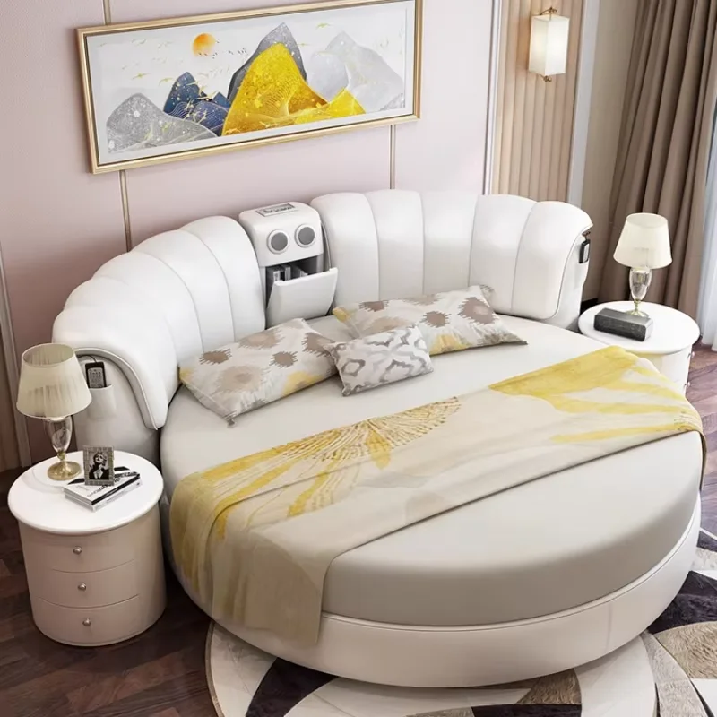 Design Leather Luxury Double Bed Modern Soft Adults Multifunctional Smart Round Bed Mattress White Lit 2 Personnes Furniture