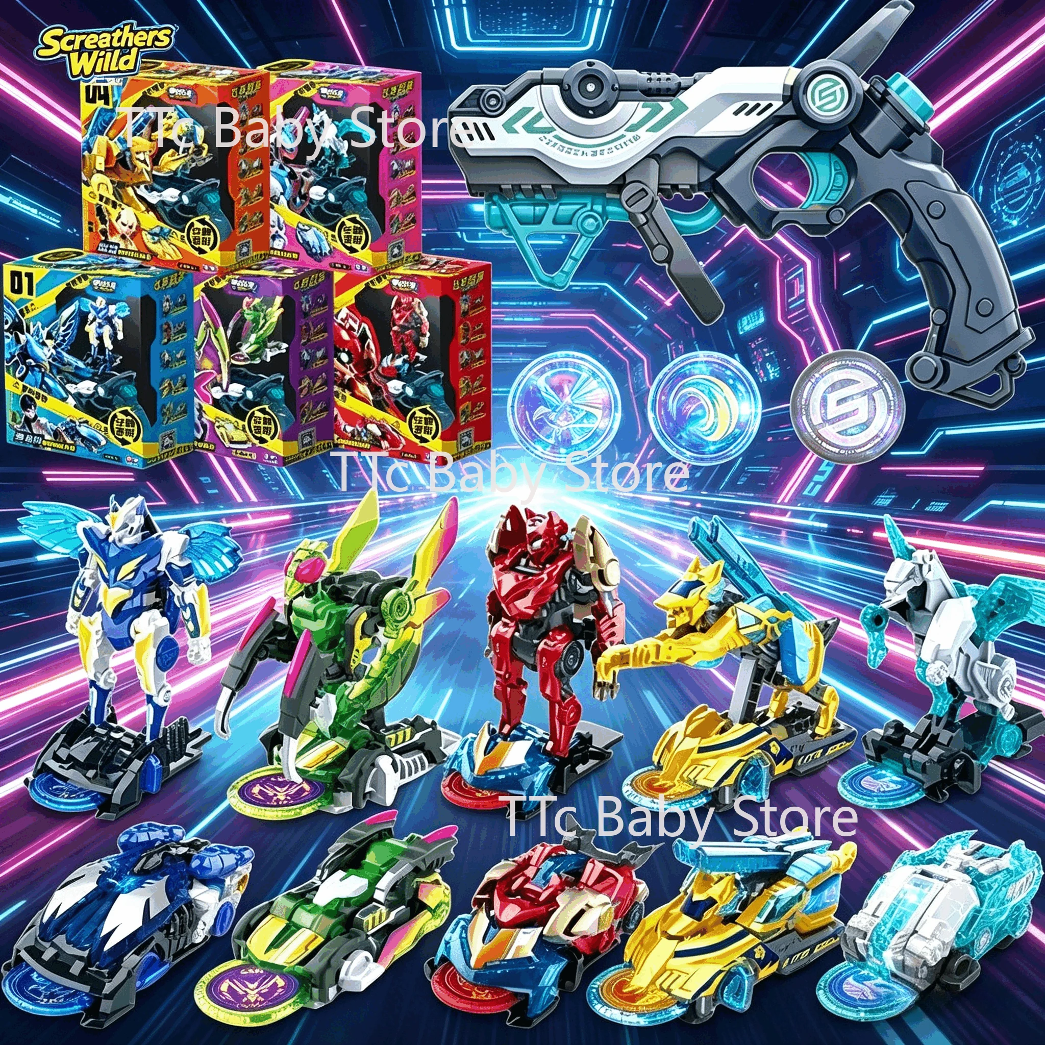 Nuevos Screechers Wild 5: Coches de Transformación, Juego de Coches de Deformación de Alta Velocidad, Figuras de Acción Giratorias con Código de Cristal Misterioso, Juguetes para Niños
