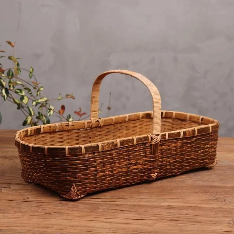 

Handmade Bamboo Handled Basket, Rattan Produce Basket, Storage Basket for Tea Ceremony, Decorative Floral Holder for Tea Room