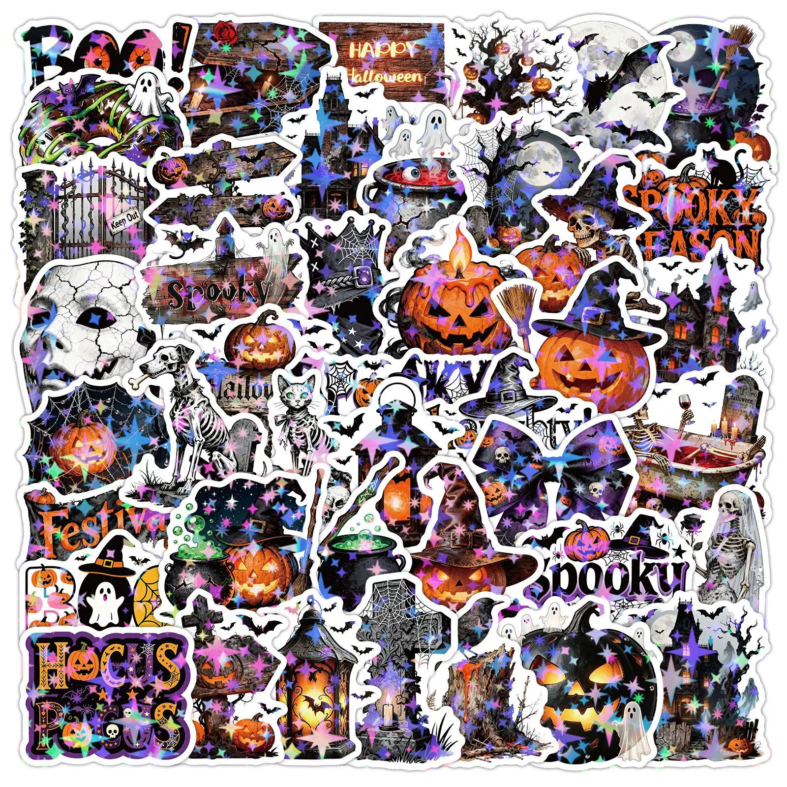 50 Pcs Halloween Stickers Spooky Pumpkin Holiday Creative Waterproof Vinyl Decals for Laptop Journal Gift