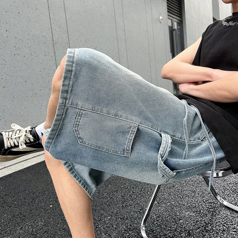 Pantalones cortos de mezclilla lavados para hombres, pantalones cortos casuales de longitud media con cintura elástica y ajuste suelto