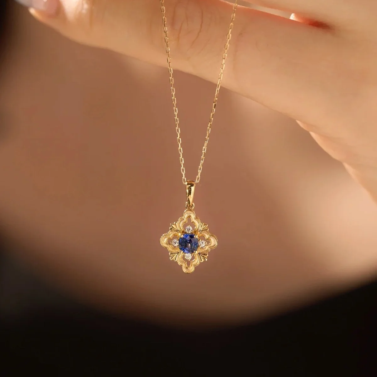 

Vintage Fine Jewelry 18K Gold Plated 925 Silver Blue Sapphire Pendant With Gold Chain Necklaces Timeless Women Jewelry Wife Gift