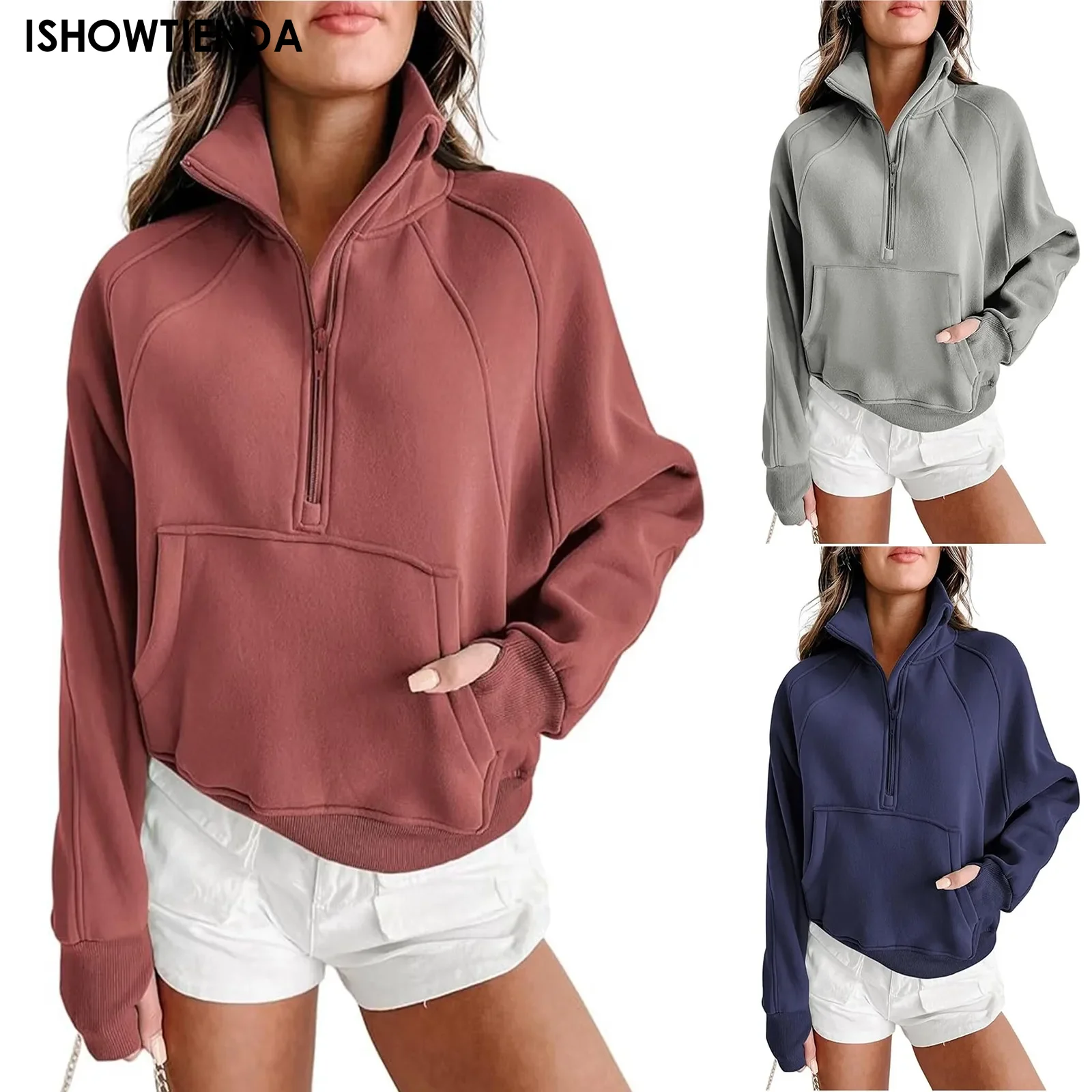 Stand Collar Casual Sweatshirts Half Zip Women Cropped Pullover Thumb Hole Overzised Hoodie Solid Color Plus Size Sports Outfit