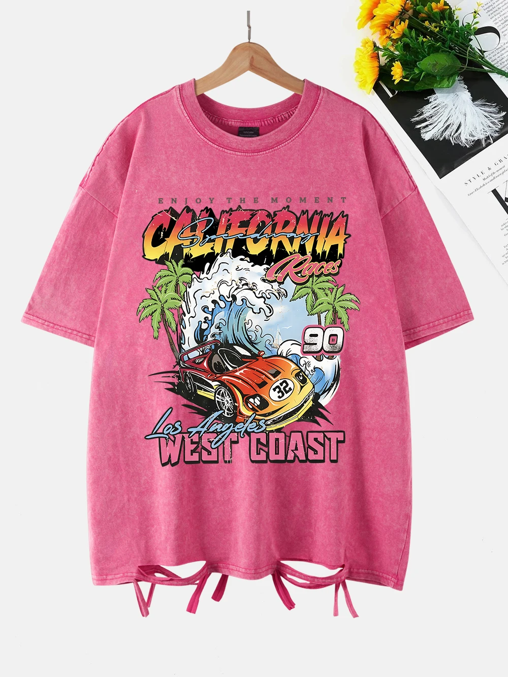 

California West Coast Car Printed Washed T-Shirt Womens Cottont Shirts O-Neck Oversized Acid Wash Tops Summer Womans Clothes
