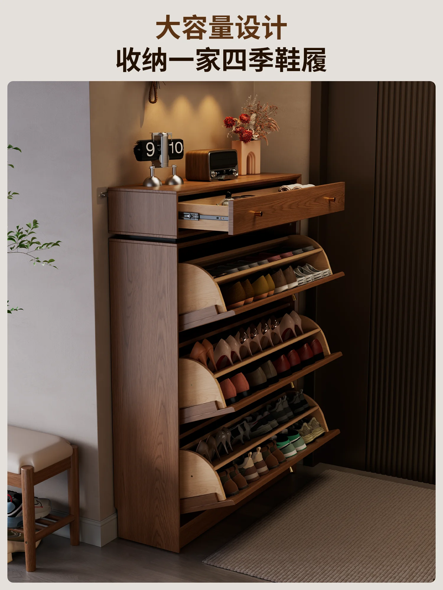 Ultra-thin tipping bucket shoe cabinet, rattan solid wood home door indoor creative new entry porch small shoe rack