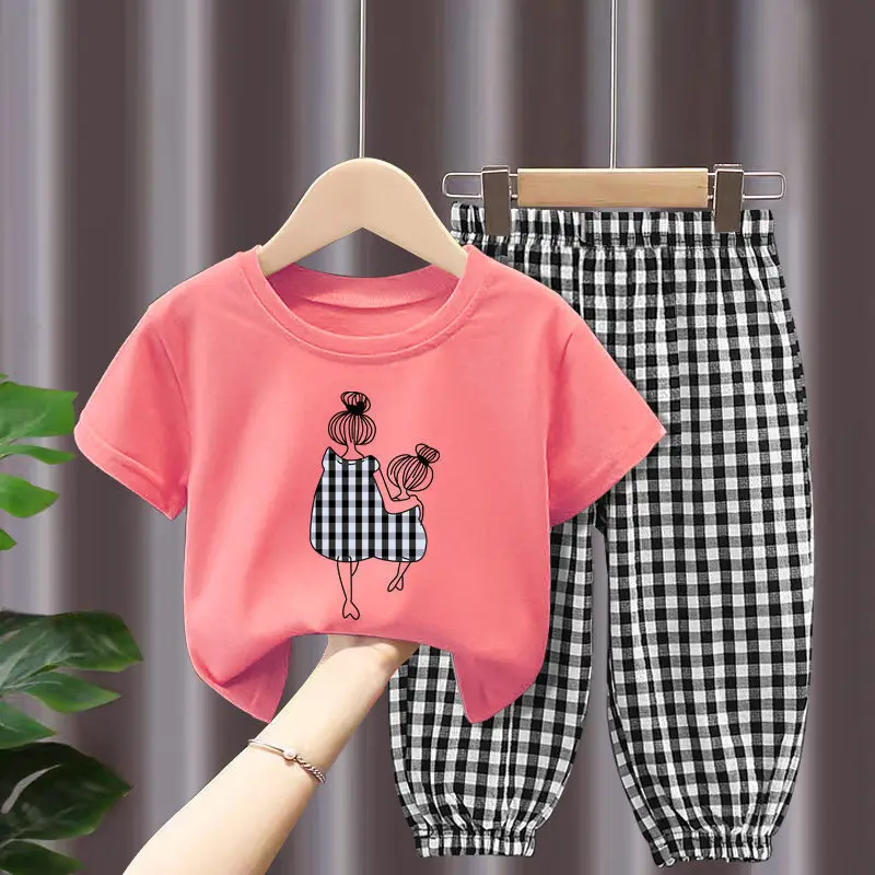 Summer Fashion Mother Kids Clothes Girl Sets Cute Baby Girls Children Clothing 2pcs Sleeved Tshirt Tops Pants Toddler Suit 2-10Y