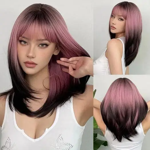 

Synthetic Hair Long Black Pink Ombre Wigs Straight Layered Wig with Bangs Cosplay Party Colorful Natural Heat Resistant Wigs