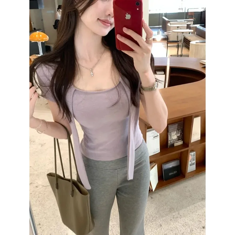 Fashion Women Square Neck Shoulder Slim Tie Detail Short Sleeve Cropped Tight Summer Casual Top