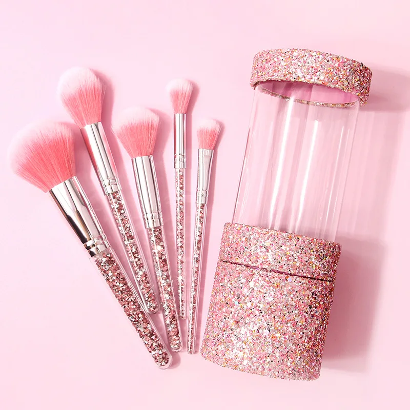 Set di pennelli per trucco scintillante da 5 pezzi, pennelli per fard e cipria, kit di pennelli cosmetici adatti ai viaggi per principianti, trucco tutto in uno